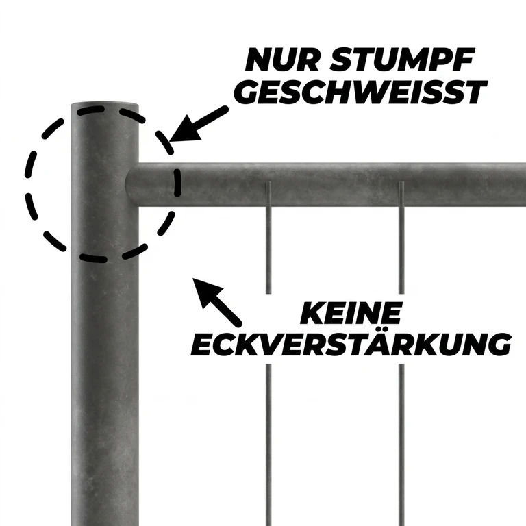 Unverstärkte Bauzaunecke der Konkurrenz (Nur stumpf geschweißt)