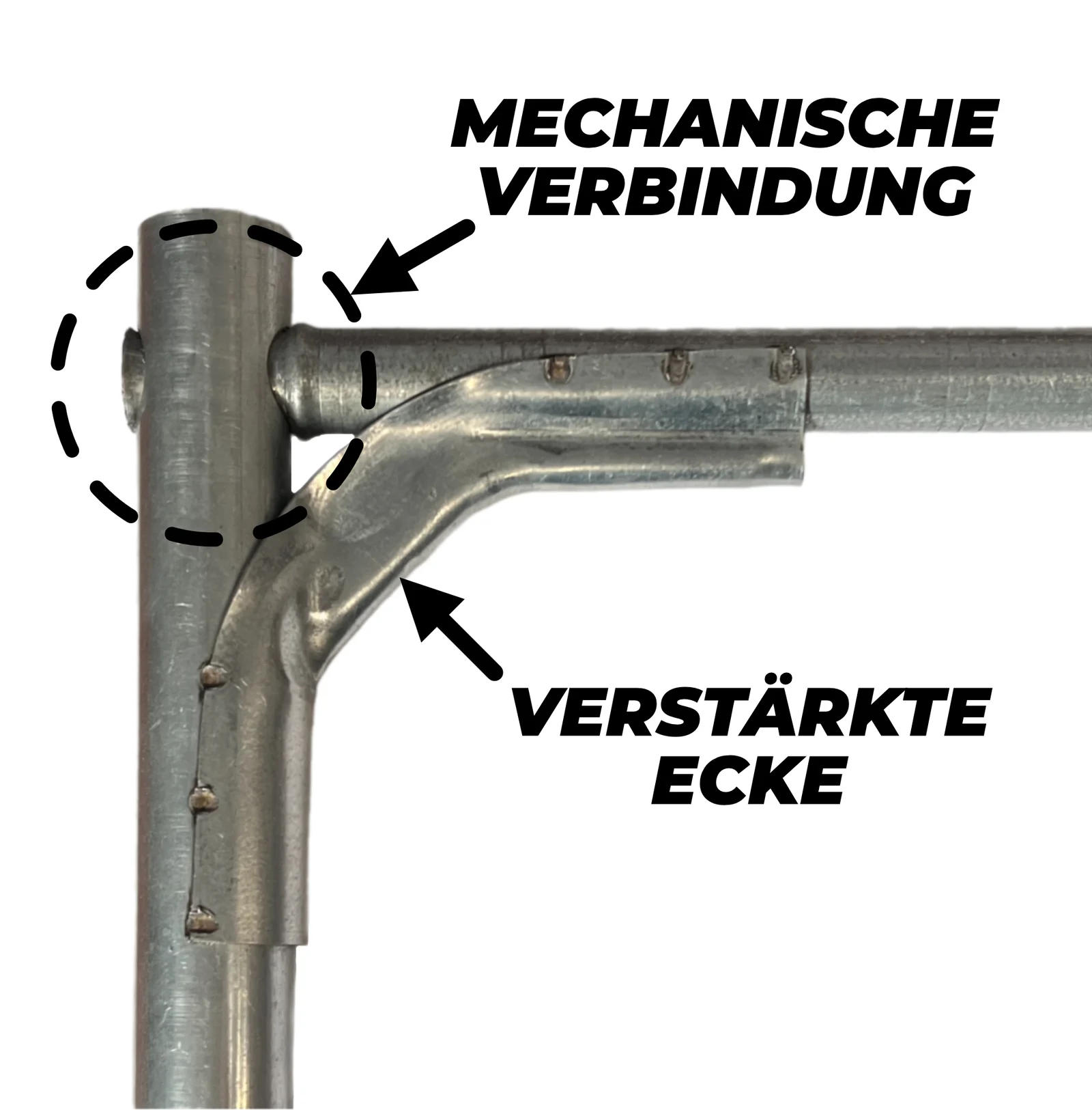 Bauzaun mit verstärkten Ecken und durchgestecktem Querrohr